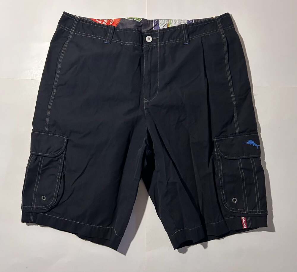 Tommy Bahama Relax Black Cargo Hybrid Swim Shorts with Blue Marlin Logo